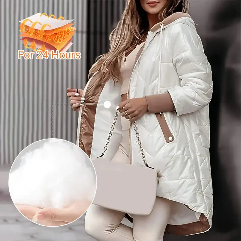Hot Women's Warm Winter Coat Hooded Cotton Jacket Mid Long Winter Warm Coat with Pockets with High-Low Hem
