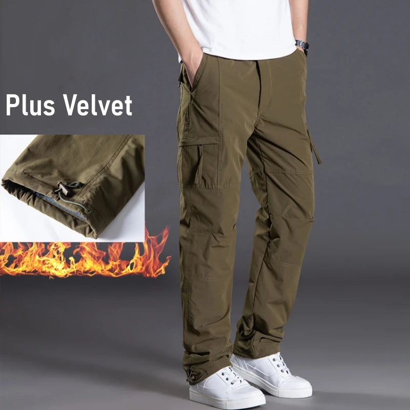 S-6XL Winter Cotton Padded Fleece Pants Men Plus Size Multi Pocket Workwear Cargo Pants Outdoor Windproof Warm Soft Trousers