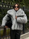 Grey Lapel Short Overcoat Lady Casual Turndown Collar Long Sleeves Comfortable Loose Faux Fur Coat Winter Vacation Street Wear