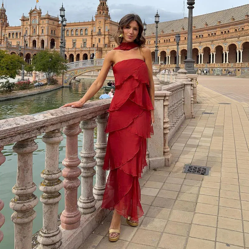 Floral Print Halter Neck Cutout Maxi Dress Tiered Ruffle Sleeveless 2026 Summer Women Vacation Dress Fashion Boho Lady Vestido