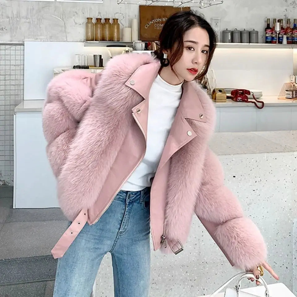 2024 Winter Chic Street Fashion Mid-length Spliced Faux Fur Coat Women Trendy Aesthetics Outfit Loose Outerwear Jackets
