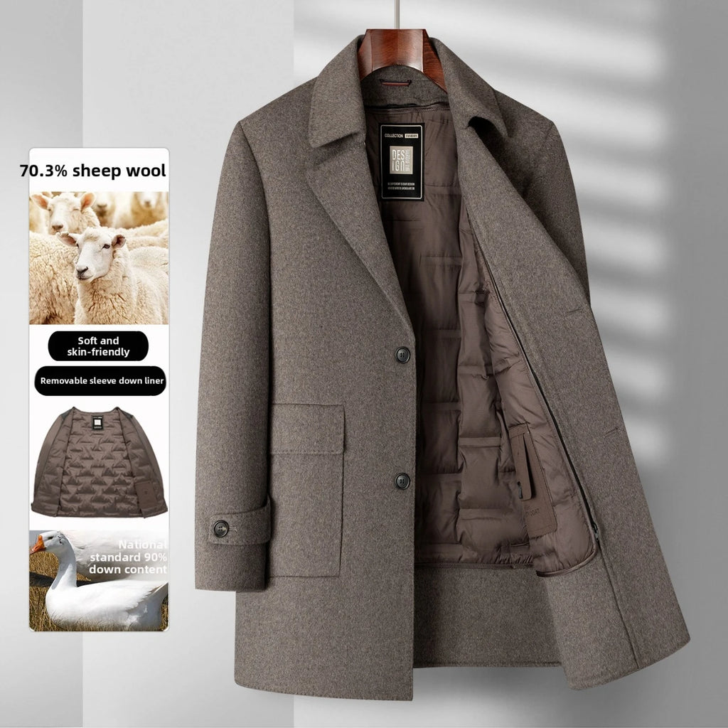 2025 Winter New Men's High end Wool Coat with 70% Wool Content, Down Inner Tank Thickened Warmth, Medium to Long Business Coat