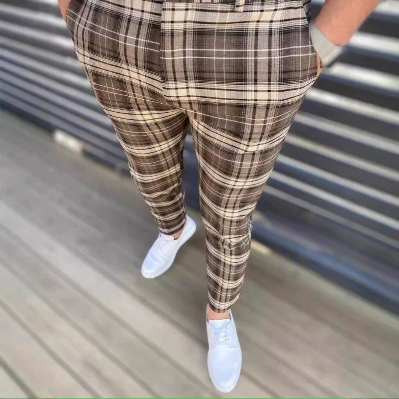 12 Colors Plaid Printed Men's Pencil Pants Business Casual Ankle Length Slim Men Suit Pants Fashion Handsome Pantalones Hombre