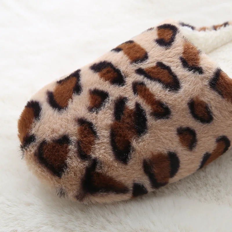 New Leopard Women Winter Home Fur Slippers Non-Slip Soft Warm House Indoor Bedroom Men Couples Boys Girl Memory Foam Floor Shoes
