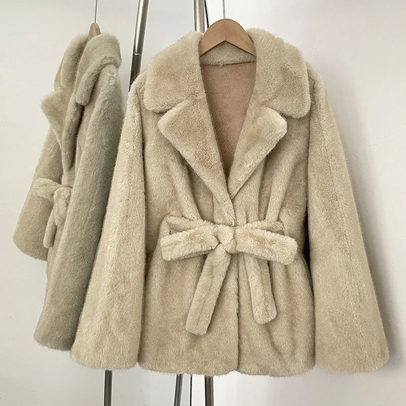 DEAT 2026 Autumn Winter New Faux Fox Fur Batwing Sleeve Coat For Women High-end Elegant Lace-up Waist Jacket Female 11A05803