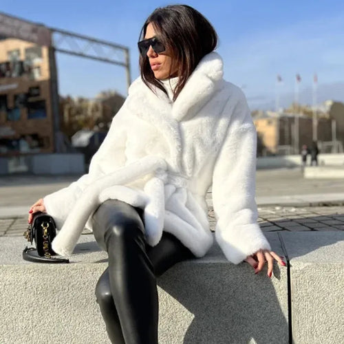 2024 Fur Jacket Imitation Rabbit Fur Lapel Neck Fur Jacket Thickened Thermal Belt Belt Coat Women's Solid Color New
