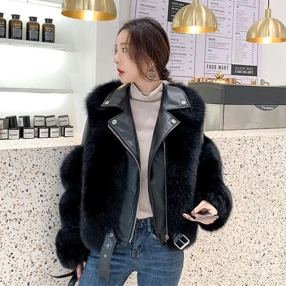 2024 Winter Chic Street Fashion Mid-length Spliced Faux Fur Coat Women Trendy Aesthetics Outfit Loose Outerwear Jackets
