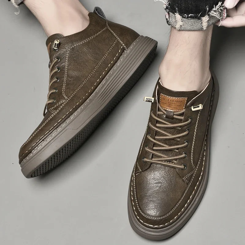 Italian Brand Men's Genuine Leather Casual Shoes Fashionable Beige Men's Hiking Shoes Camping High Top Shoes Big Size：36-47