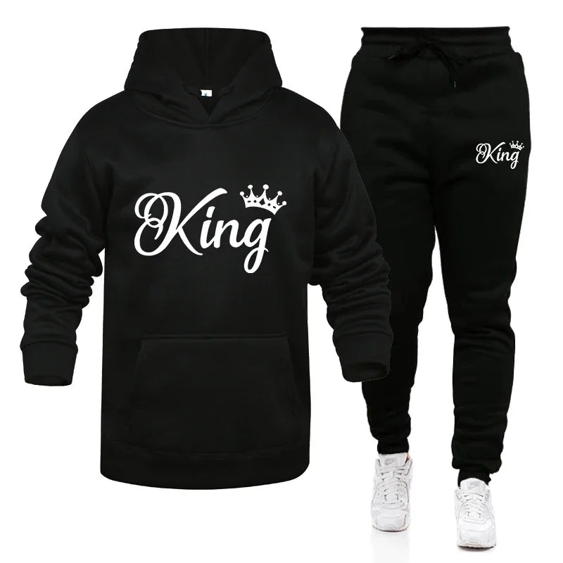 Fashion KING and QUEEN Printed Hooded Suits Autumn Winter Couple Hoodie + Pants 2-piece Suit