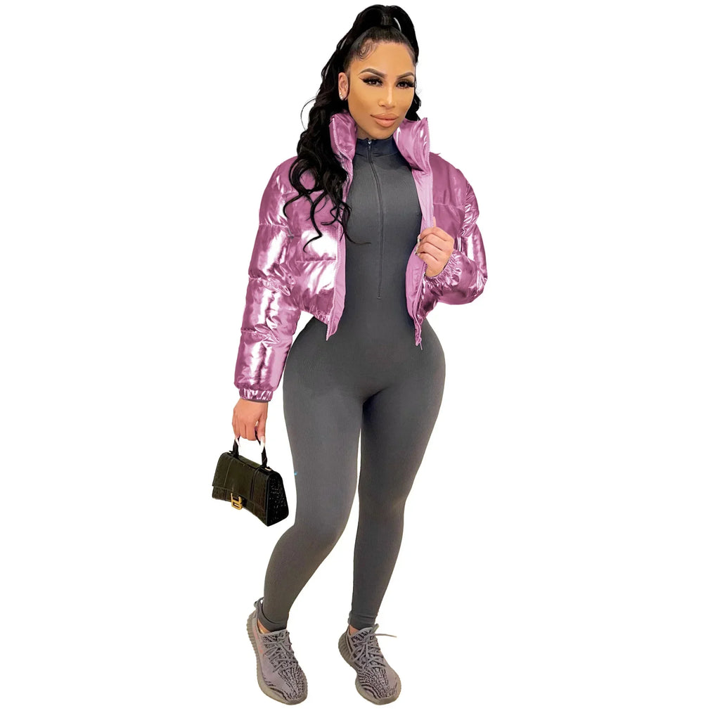 ANJAMANOR Silver Glossy Puffer Jacket Zip Up Shiny Bubble Coat Streetwear Women Clothing Winter Baddie Clothes D48-FH59
