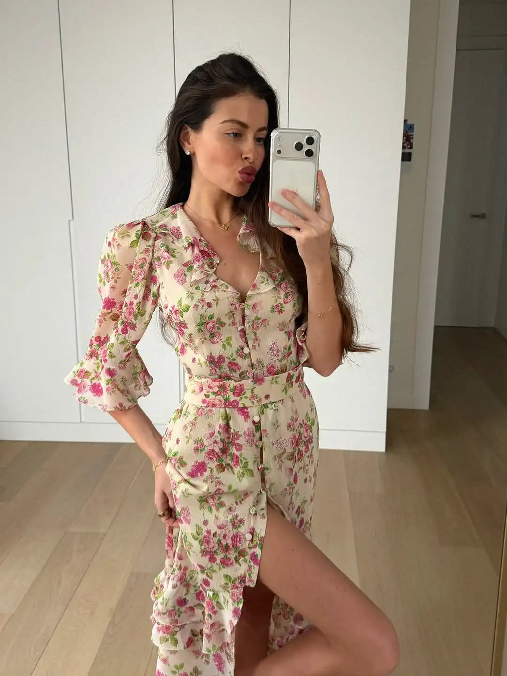 Floral Print Ruffle V Neck Waist Cinching Long Dresses Split Hem Single Breasted Maxi Dress 2026 Party Beach Vacation Vestidos