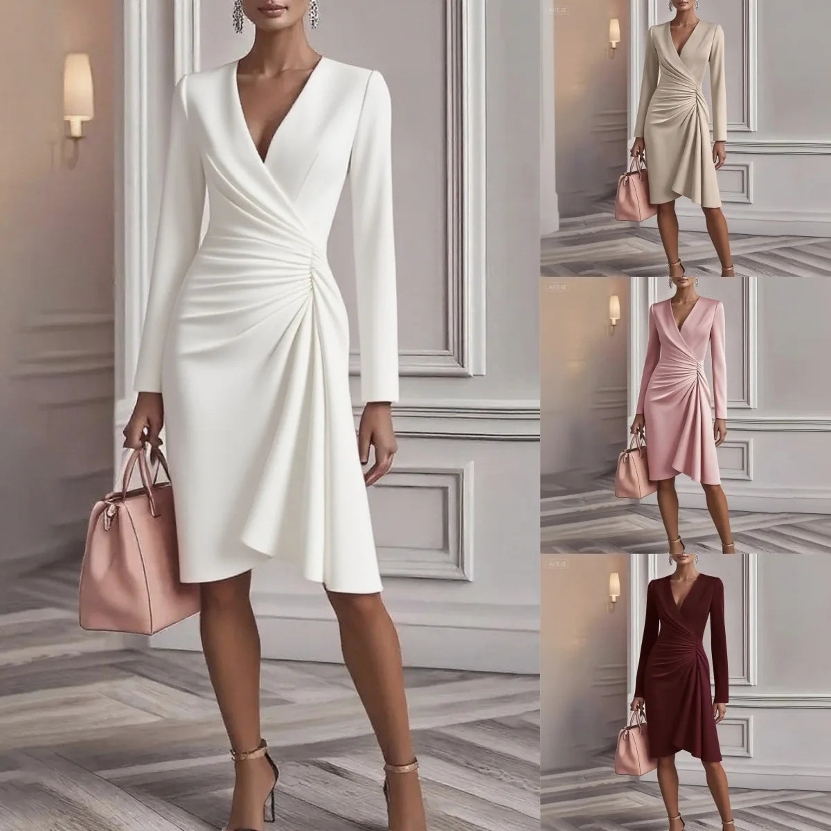 2025 New Women's Long-sleeved Dress V-neck Black High-waisted Slim Cross-elegant Fashion Office White Female Midi Skirt