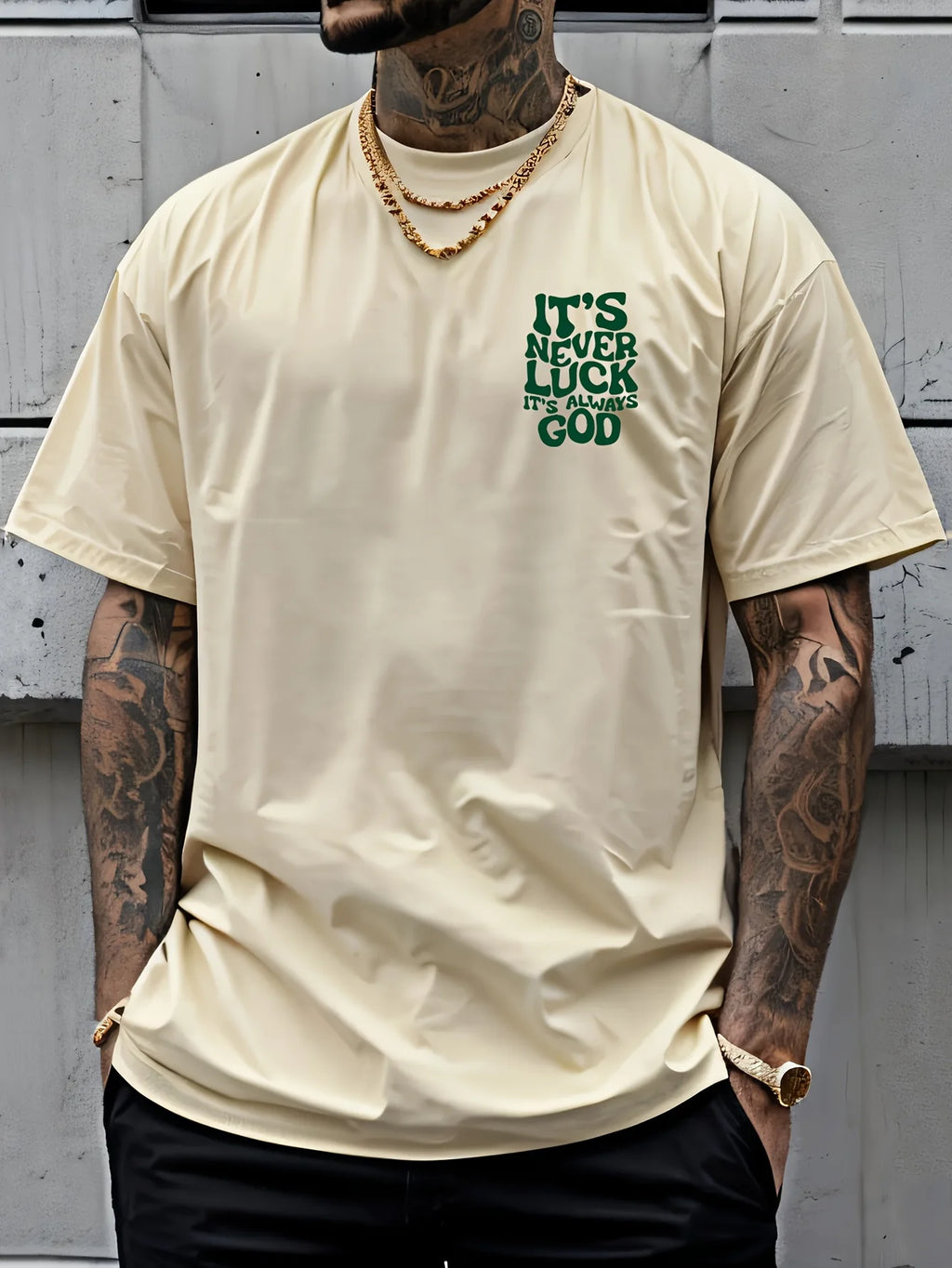 Men's Summer 100% Cotton Fashionable Casual Loose God Luck Letter Printed Sports Round Neck Short Sleeve T-shirt Top