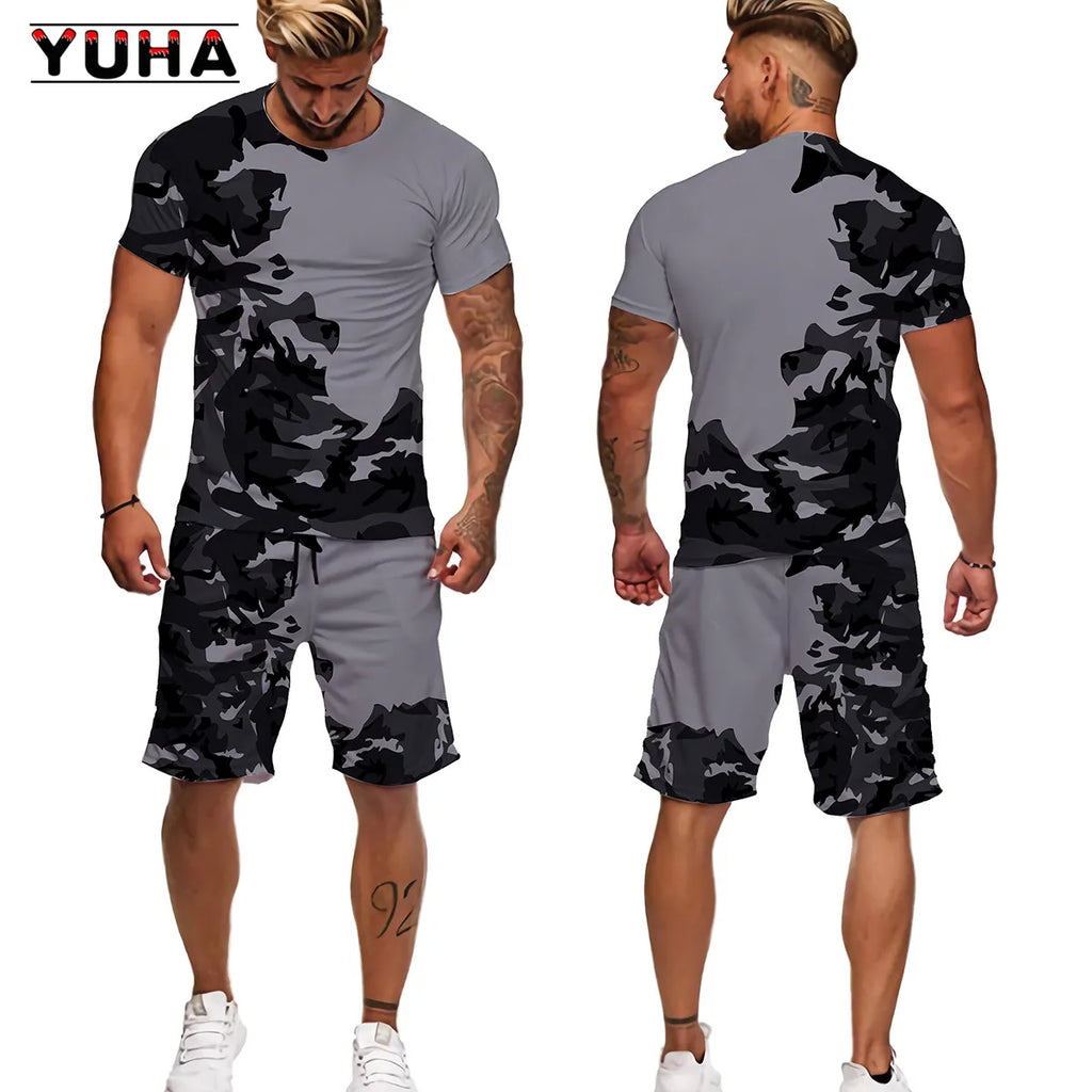 YUHA Summer Camouflage Tees/Shorts/Suits Men's T Shirt Shorts Tracksuit Sport Style Outdoor Camping Hunting Casual Mens Clo