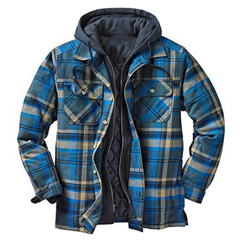 2026 Men's Winter Printed Cotton Jackets Harajuku Plaid Shirts Coats Hooded Zipper Long Sleeve Basic Casual Shirts Jackets Male
