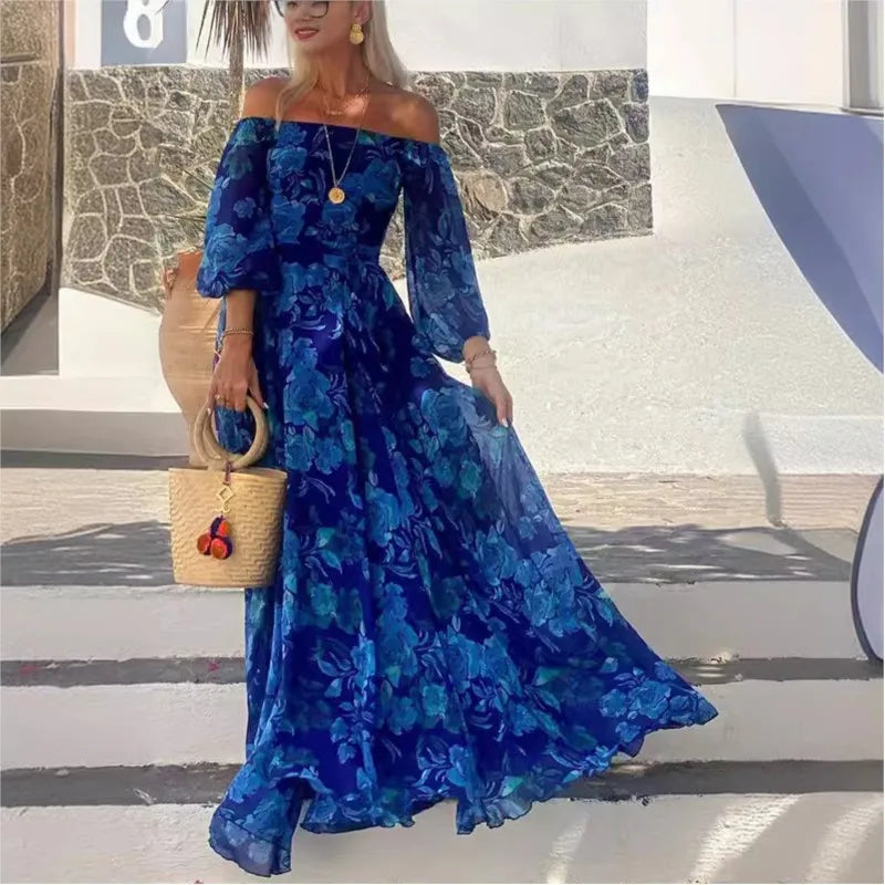 Vintage Pattern Print Long Dress Women Sexy Off Shoulder Long Sleeve Party Dress Fashion Waist Pleat Loose Hem Beach Dress