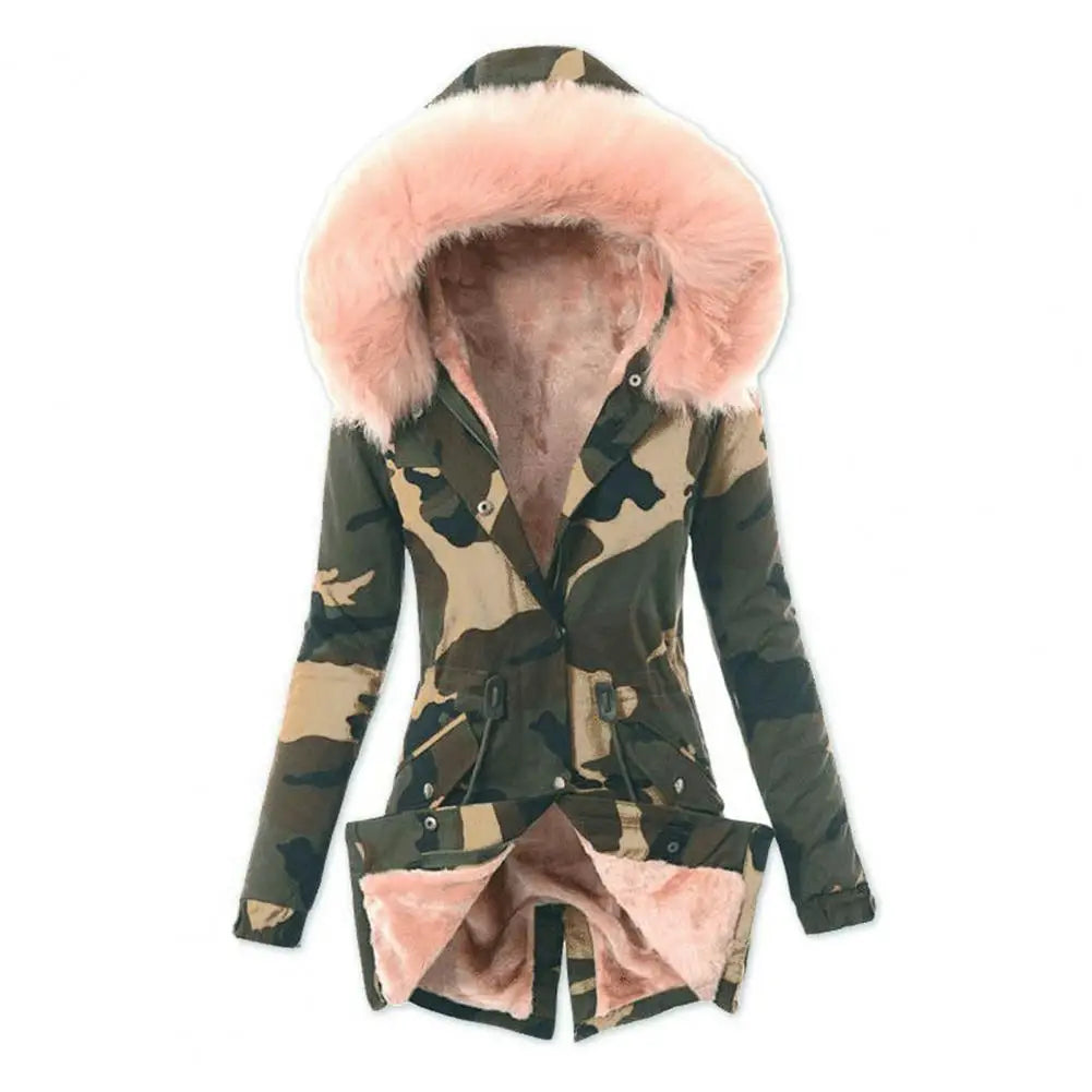 Women Winter Windproof Mid Length Jacket Faux Fur Fleece-lined Down Coat Camouflage Print Slim Fit Outerwear