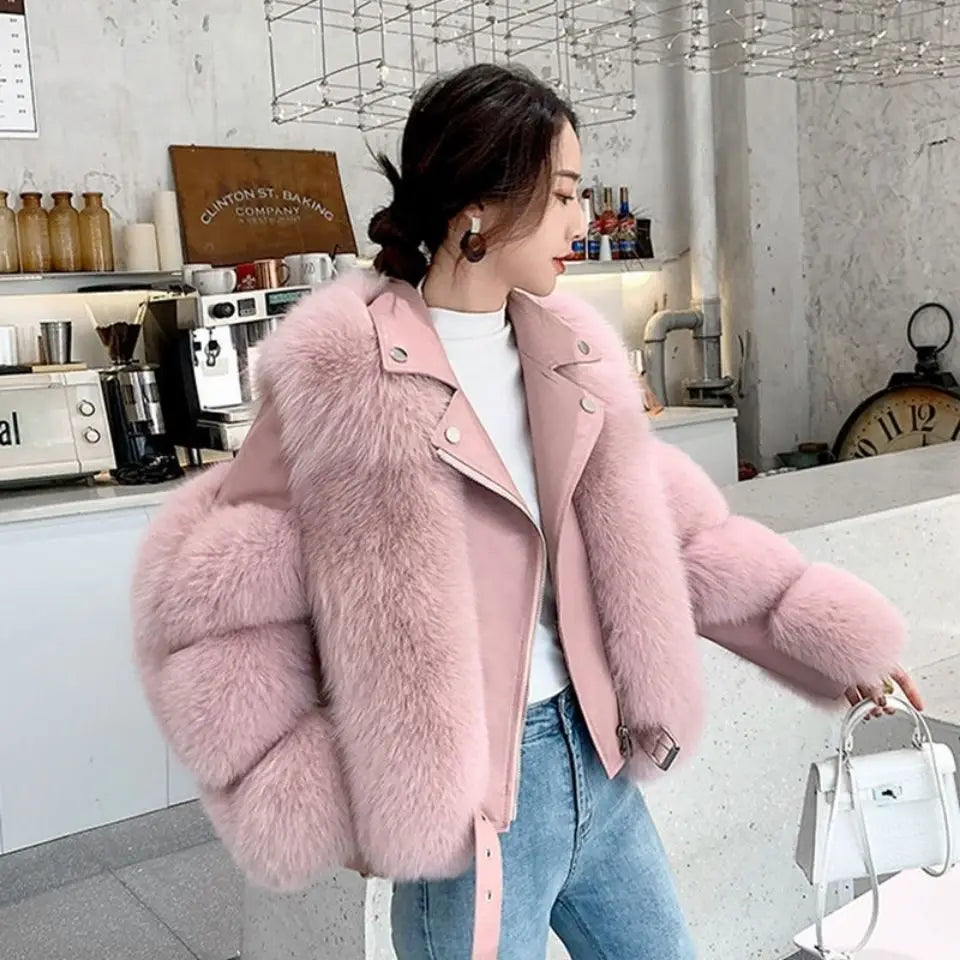 2024 Winter Chic Street Fashion Mid-length Spliced Faux Fur Coat Women Trendy Aesthetics Outfit Loose Outerwear Jackets
