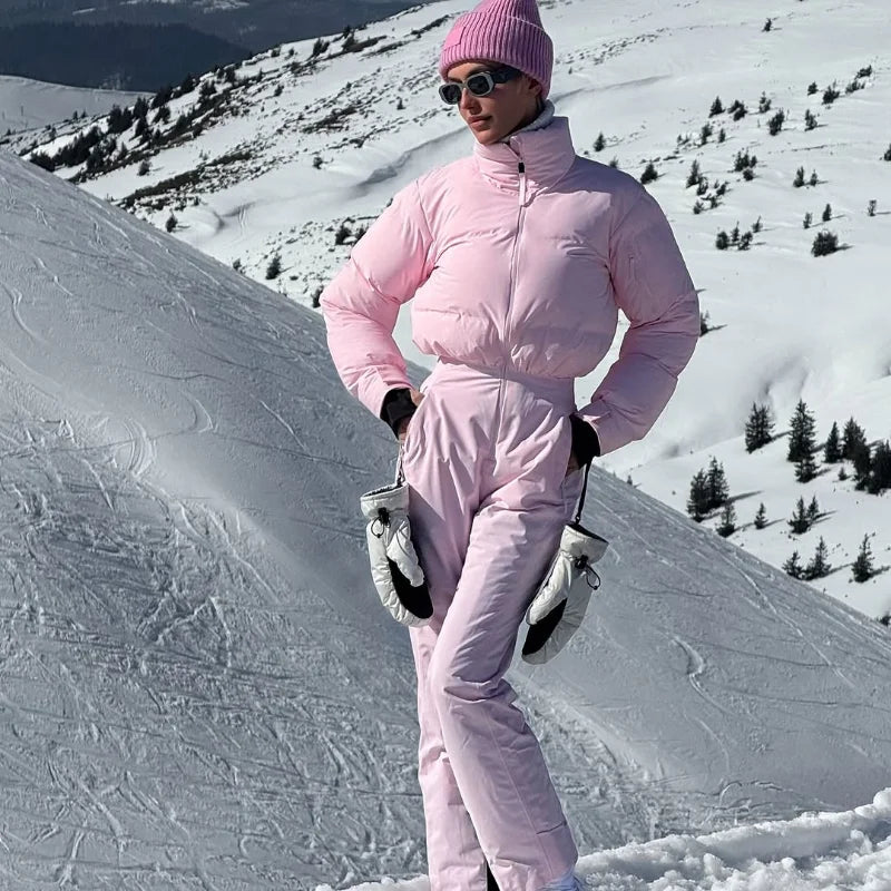 Cotton Padded Ski Jumpsuit Sets Women Zipper High Waist Windproof Outwear Wide Leg Snow 2025 Winter Sports Street Lady Skiwear