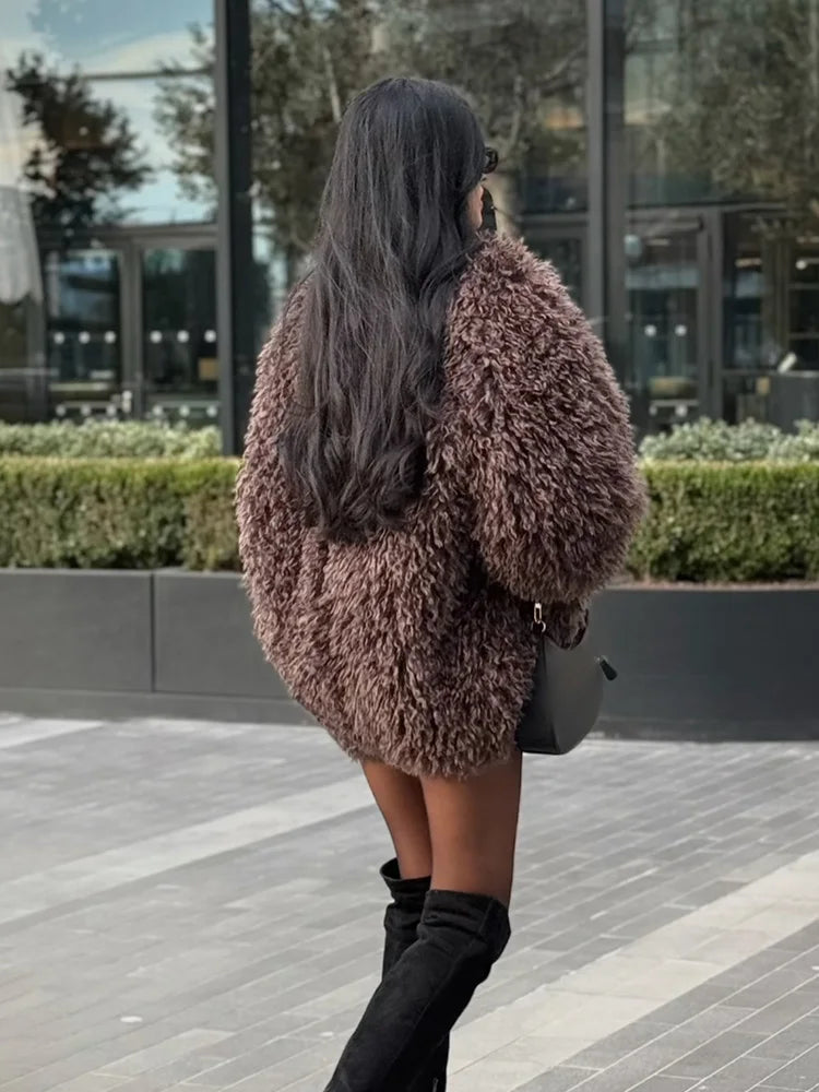 HH Women Fashion Long Sleeve Warm Jacket Faux Fur Effect Short Jacket Female Solid O-Neck Hidden Buckle Casual Chic Outwear