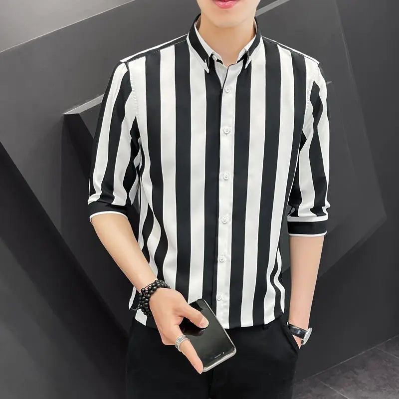 Korean Fashion Trend Handsome Summer Striped Short Sleeved Shirt Men's Lapel Button Patchwork Three Quarters Versatile Thin Top