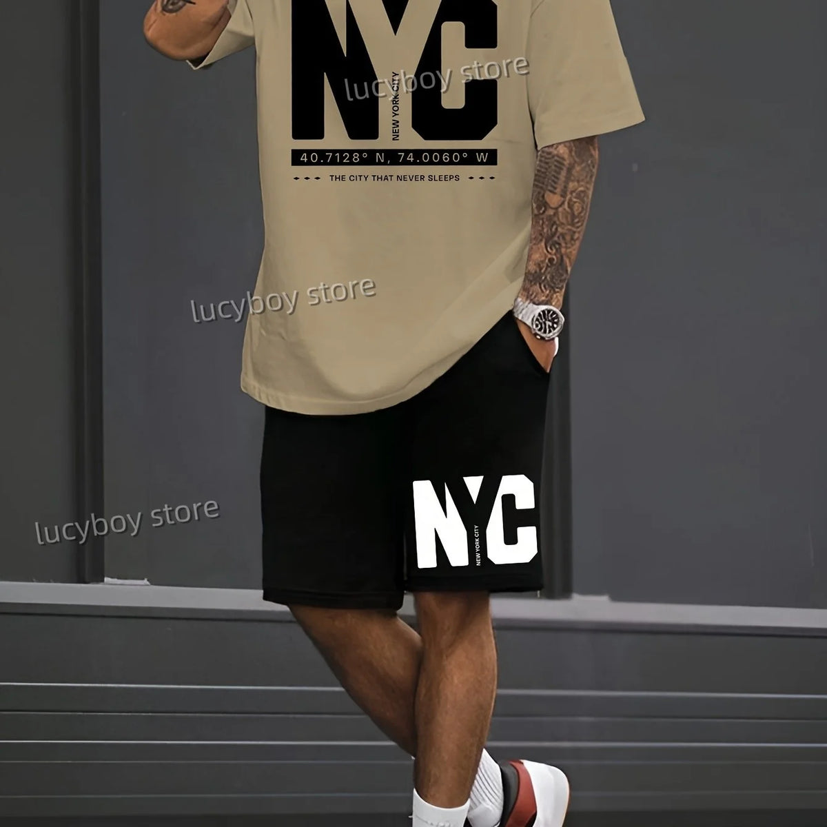 NC NEW YORK Letter Printed Sport T-shirt+shorts Suit Set Men Male Luxury Tracksuit Outfit  Runing  Oversized 2 Piece Set Clothes