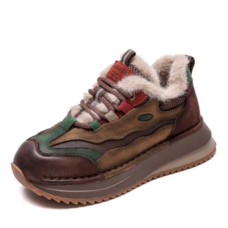 DRKANOL 2026 Women Winter Warm Shoes Handmade Retro Genuine Cow Leather Flat Platform Mixed Colors Lace-Up Fur Casual Shoes Lady
