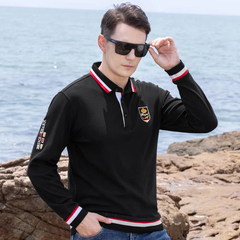 2024 New Solid Color Polo Shirts Men Thicken Stretch Cotton Polos Autumn Clothing Bruce&Shark Fashion Embroidered Men Basic Tops