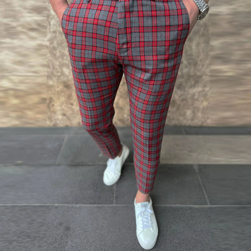 12 Colors Plaid Printed Men's Pencil Pants Business Casual Ankle Length Slim Men Suit Pants Fashion Handsome Pantalones Hombre