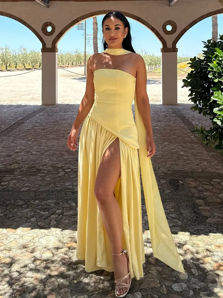 High Split Pleated Hem Patchwork Long Dress Women Strapless Backless Sleeveless Robes Chic Lady Holiday Evening Party Gown
