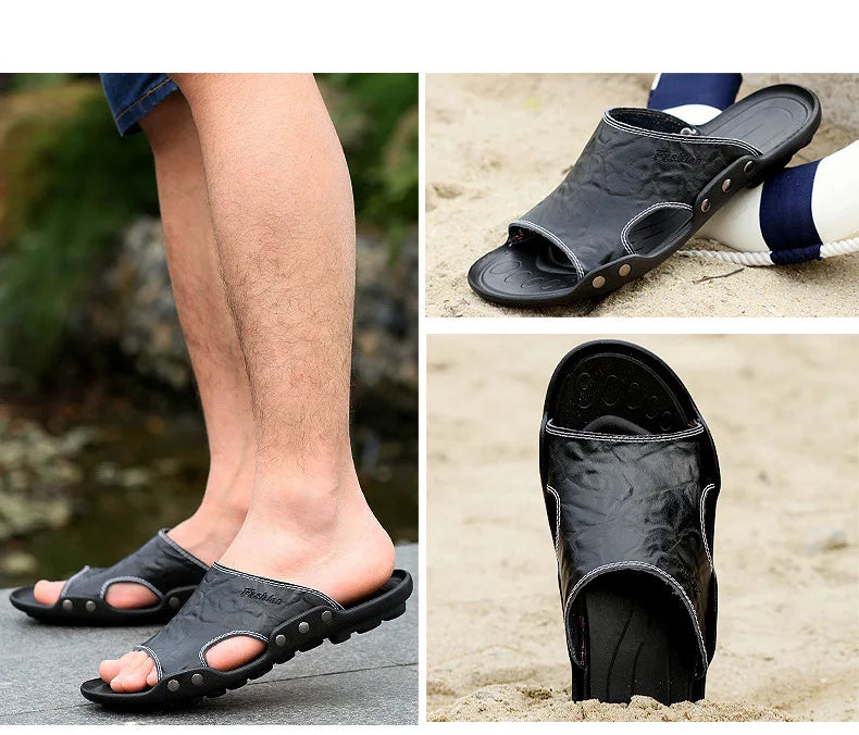 Big Size Men Slippers Summer Fashion Genuine Leather Casual Slides Street Fashion Beach Shoes Black Cow Leather Sandals