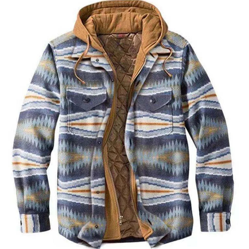 2026 Men's Winter Printed Cotton Jackets Harajuku Plaid Shirts Coats Hooded Zipper Long Sleeve Basic Casual Shirts Jackets Male