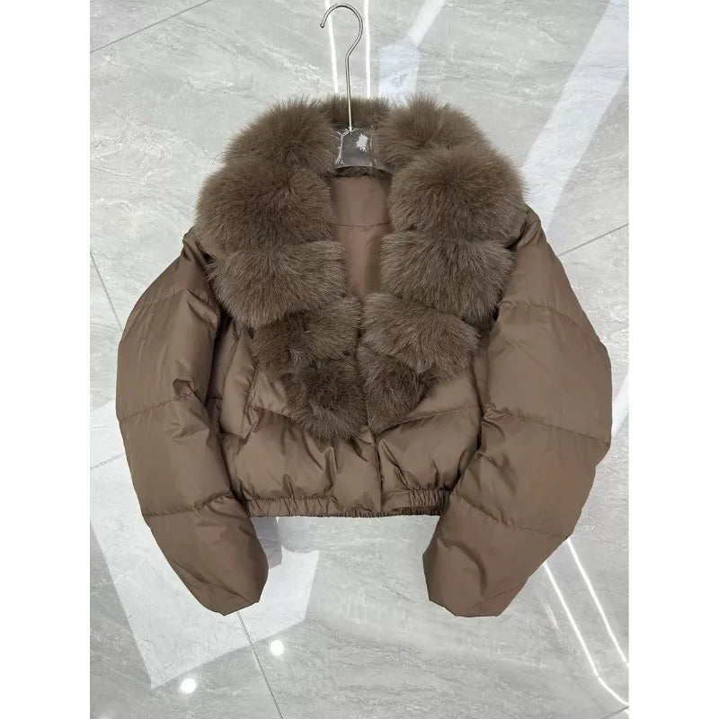 2025 Winter New Women's Short Fashion Warm Feather Cotton Clothes Anti-fox Fur Collar Jacket
