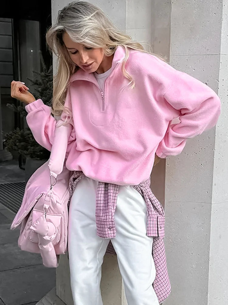 Zipped Pink Sweatshirt Woman Fashion Pullover Oversized Hoodie Y2K Street Style Women Fleece Winter Coats Jackets