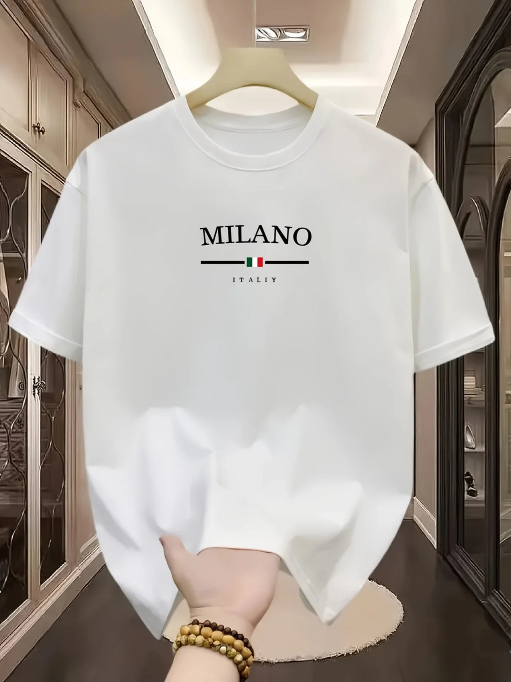 Men's stylish, casual, relaxed Italian-style Milan letter print round-neck short-sleeved T-shirt