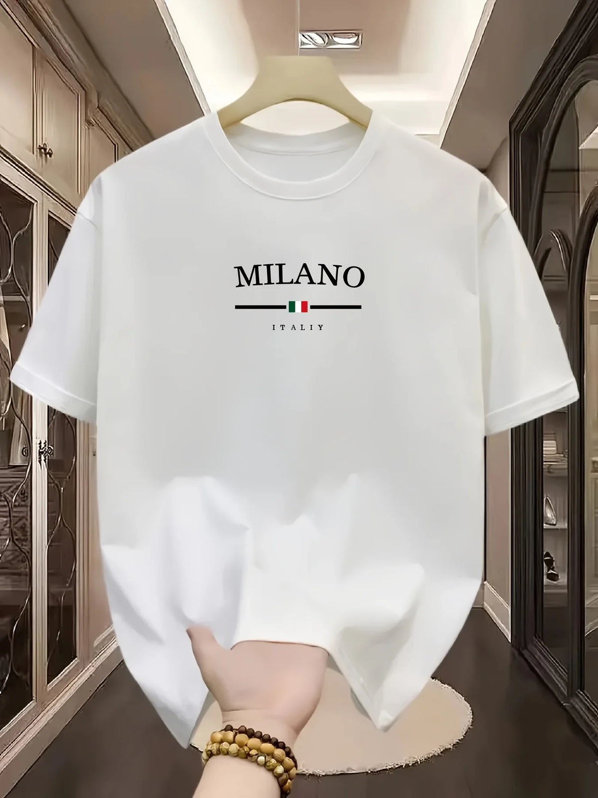 Men's stylish, casual, relaxed Italian-style Milan letter print round-neck short-sleeved T-shirt