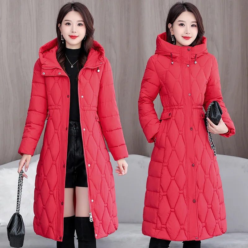 Hooded Oversize Parkas Coats Women Mid Length Jackets Diamond Quilt Zipper Pocket Waist Cinched Office Lady Casual 2025 Winter