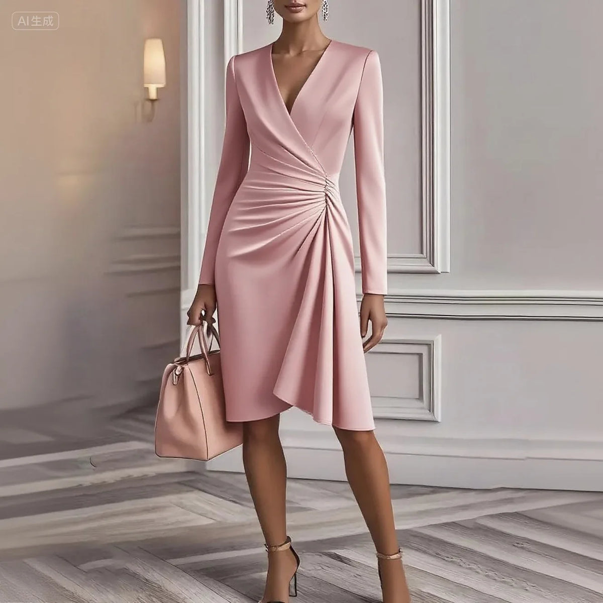 2025 New Women's Long-sleeved Dress V-neck Black High-waisted Slim Cross-elegant Fashion Office White Female Midi Skirt