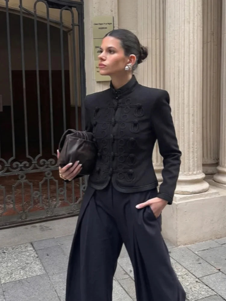 Solid Frog Button Women's Coat Stand Collar Shoulder Pad Full Sleeve Short Jacket 2026 Spring New Ladies Casual New In Outerwear