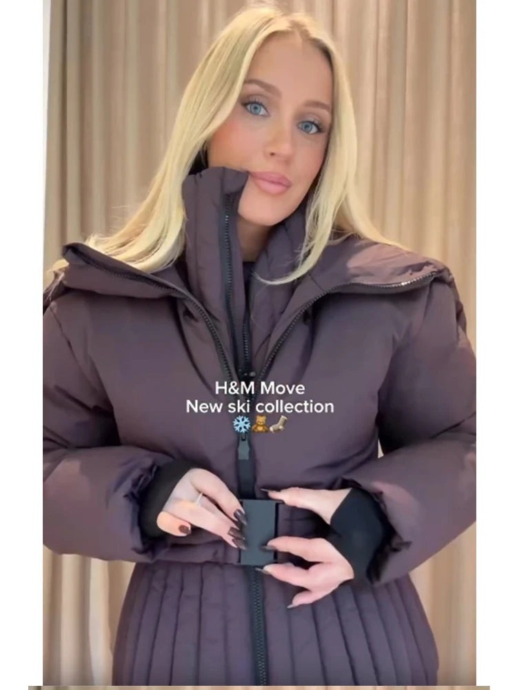 Women Casual Belted Hooded Cotton Coat Solid Full Sleeves Stand Collar Zipper Padded Jacket 2026 Lady Winter Daily Outwear New