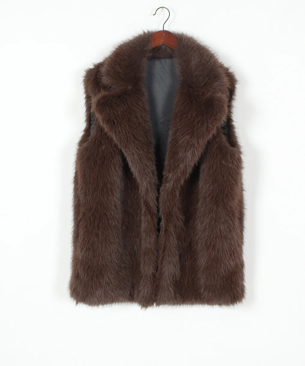 Faux Fox Fur Vest Coats Women Solid Fur Jackets Turn Down Collar Sleeveless Open Stitch Thick Warm Fur Casual 2025 Autumn Winter