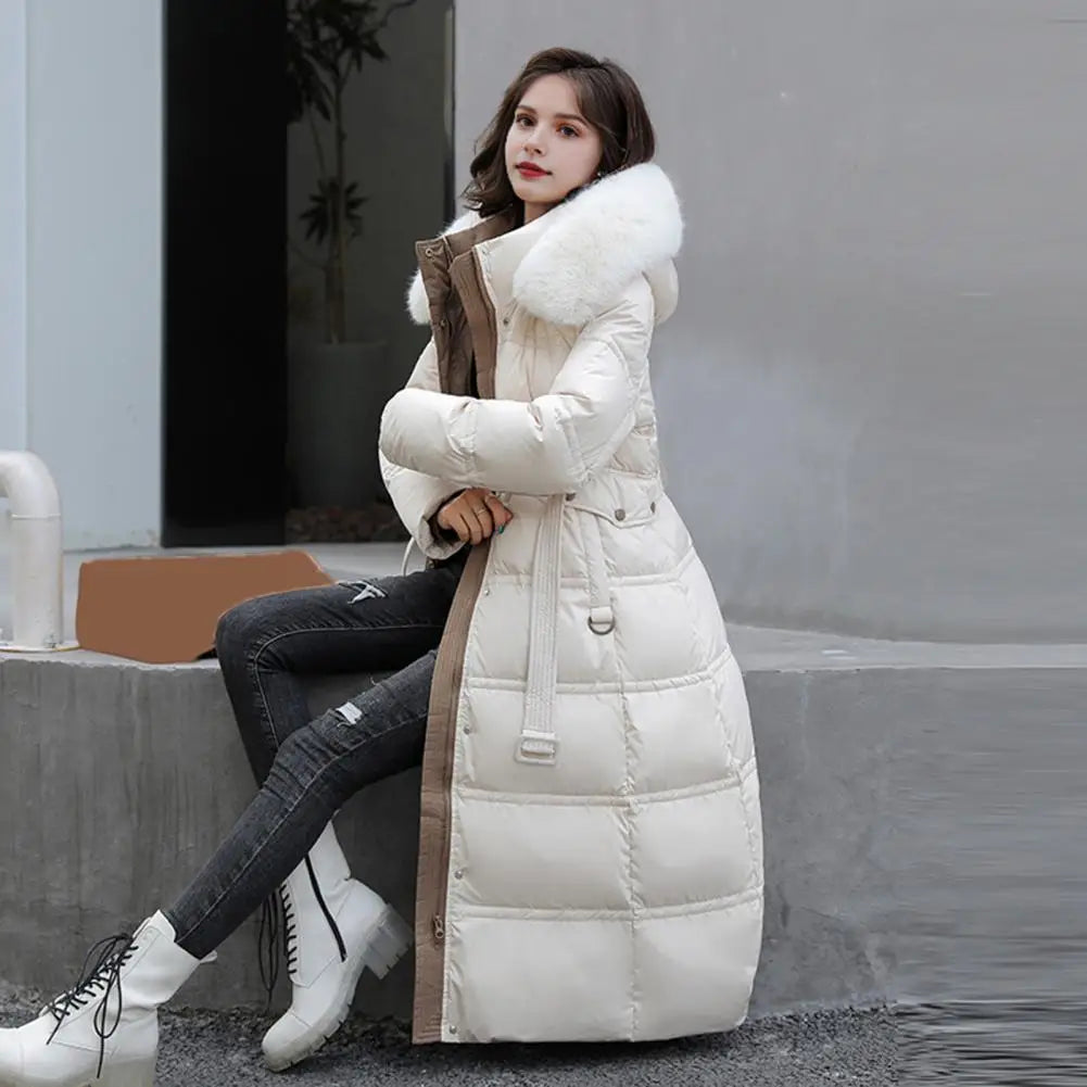 Winter Women Long Parkas Solid Colo Neck Hooded Cotton Jacket Pockets Windproof Zipper Closure Padded Outwear