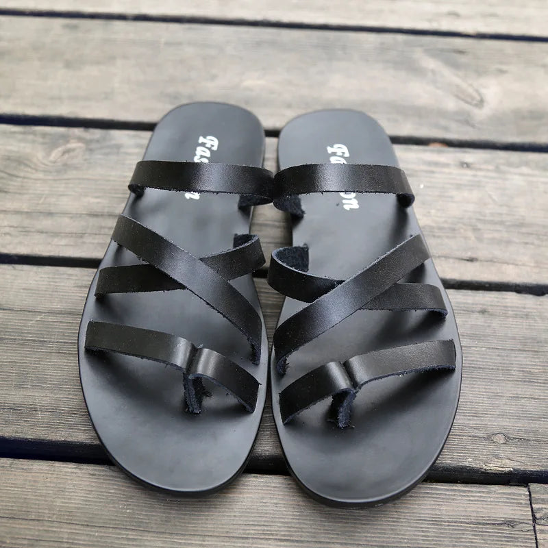 Flat With Beach Fashion Outside Men's Slippers Leisure Concise Genuine Leather Summer Flip Flops Sewing Solid Men Shoes