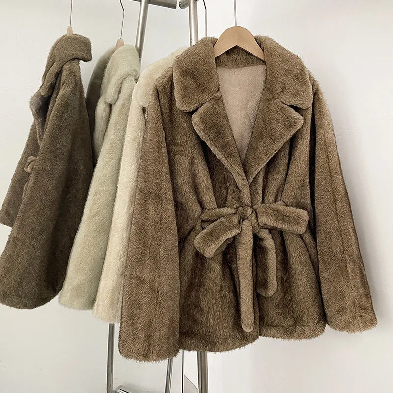 DEAT 2026 Autumn Winter New Faux Fox Fur Batwing Sleeve Coat For Women High-end Elegant Lace-up Waist Jacket Female 11A05803