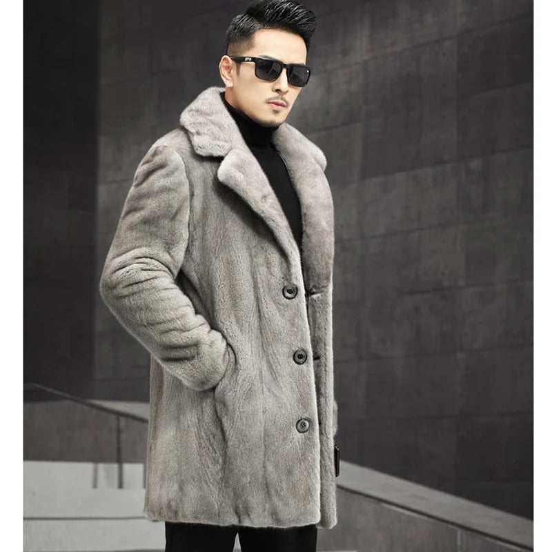Men's winter warm fur coat mimics mink casual windbreaker mid-length jacket