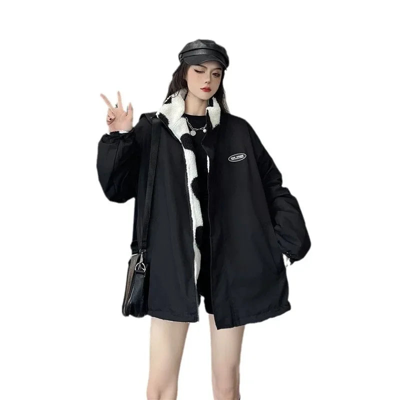 Autumn/Winter Couple's Stand Collar Cotton Coat Two-Sided Wear Lamb Wool Fleece Jacket For Men And Women Niche Nylon Parkas
