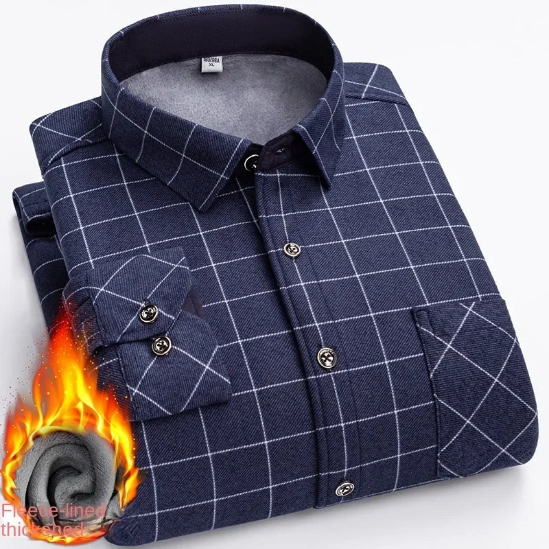 2025 New in Fleece Lining Men's Double-sided Velvet Autumn Winter Plaid  Long-sleeved Shirt Winter Middle-aged and Elderly Shirt