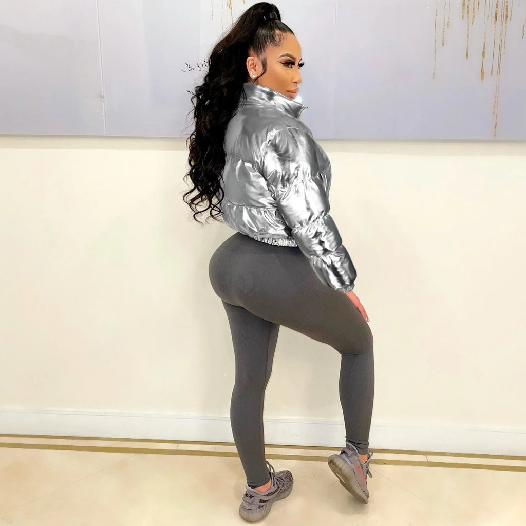 ANJAMANOR Silver Glossy Puffer Jacket Zip Up Shiny Bubble Coat Streetwear Women Clothing Winter Baddie Clothes D48-FH59