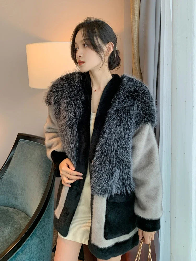Mink Fur Jacket Women V-neck Single Breast Big Pockets Coat Splicing Mid Length Casual Outerwear 2024 Winter New Fashion