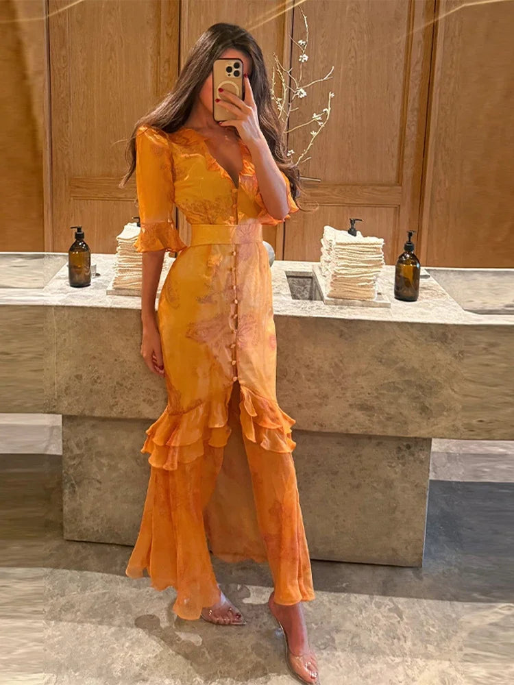 Floral Print Ruffle V Neck Waist Cinching Long Dresses Split Hem Single Breasted Maxi Dress 2026 Party Beach Vacation Vestidos